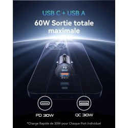 INIU Allume Cigare USB C, 2 Ports 60W Charge Rapide Chargeur Voiture with USB C et A, Prise Allume Cigare 12V pour iPhone 16 15 