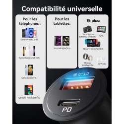 INIU Allume Cigare USB C, 2 Ports 60W Charge Rapide Chargeur Voiture with USB C et A, Prise Allume Cigare 12V pour iPhone 16 15 