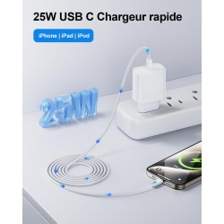 Chargeur Rapide for iPhone, 25W Prise USB C for iPhone 14/14 Plus/14 Pro/14 Pro Max/13/12/11/SE/Mini/X/XS/XR SE 8 7 6 6S, USB C 