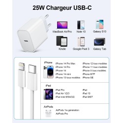 Chargeur Rapide for iPhone, 25W Prise USB C for iPhone 14/14 Plus/14 Pro/14 Pro Max/13/12/11/SE/Mini/X/XS/XR SE 8 7 6 6S, USB C 