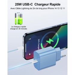 LumFocus Chargeur Rapide iPhone 14 13 Pro Max, [Certifié MFi] Chargeur Mural USB C PD 25W avec câble de Charge Rapide USB C vers