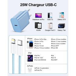 LumFocus Chargeur Rapide iPhone 14 13 Pro Max, [Certifié MFi] Chargeur Mural USB C PD 25W avec câble de Charge Rapide USB C vers