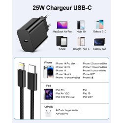 Chargeur Rapide for iPhone, 25W Prise USB C for iPhone 14/14 Plus/14 Pro/14 Pro Max/13/12/11/SE/Mini/X/XS/XR SE 8 7 6 6S, USB C 
