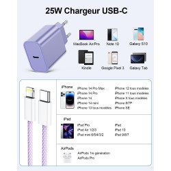 LumFocus Chargeur Rapide iPhone 14 13 Pro Max, [Certifié MFi] Chargeur Mural USB C PD 25W avec câble de Charge Rapide USB C vers