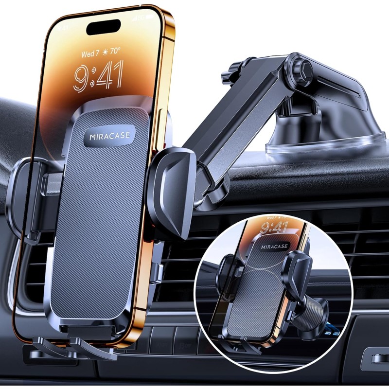 Miracase Support Telephone Voiture [Rotation 360°& Ventouse Puissante] Porte Telephone Voiture Grille D'aération & Pare-Brise & 