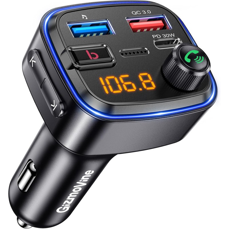 Gizmovine emetteur bleutooth voiture, transmetteur fm pour la musique, téléphone kit main libre, allume cigare avec prise usb c 