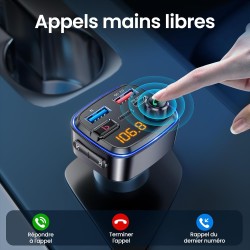 Gizmovine emetteur bleutooth voiture, transmetteur fm pour la musique, téléphone kit main libre, allume cigare avec prise usb c 