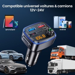 Gizmovine emetteur bleutooth voiture, transmetteur fm pour la musique, téléphone kit main libre, allume cigare avec prise usb c 