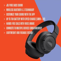Jbl tune 720bt, casque audio sans fil, léger et confortable, bleutooth 5.3, autonomie jusqu'à 76 h, charge rapide, son jbl pure 