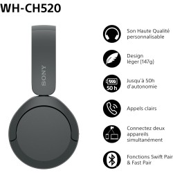 Sony wh-ch520 - casque bleutooth sans fil, multipoint, micro intégré - jusqu'à 50 heures d'autonomie et charge rapide - noir