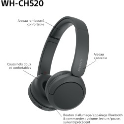 Sony wh-ch520 - casque bleutooth sans fil, multipoint, micro intégré - jusqu'à 50 heures d'autonomie et charge rapide - noir