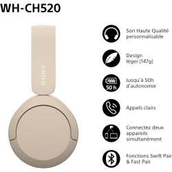 Sony wh-ch520 - casque bleutooth sans fil, multipoint, micro intégré - jusqu'à 50 heures d'autonomie et charge rapide - beige