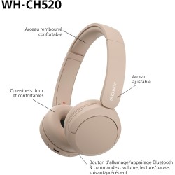 Sony wh-ch520 - casque bleutooth sans fil, multipoint, micro intégré - jusqu'à 50 heures d'autonomie et charge rapide - beige