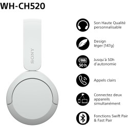 Sony wh-ch520 - casque bleutooth sans fil, multipoint, micro intégré - jusqu'à 50 heures d'autonomie et charge rapide - blanc
