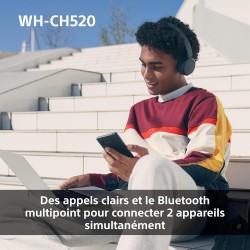 Sony wh-ch520 - casque bleutooth sans fil, multipoint, micro intégré - jusqu'à 50 heures d'autonomie et charge rapide - blanc
