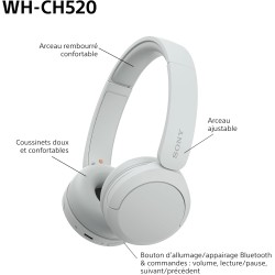 Sony wh-ch520 - casque bleutooth sans fil, multipoint, micro intégré - jusqu'à 50 heures d'autonomie et charge rapide - blanc