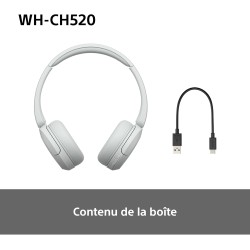 Sony wh-ch520 - casque bleutooth sans fil, multipoint, micro intégré - jusqu'à 50 heures d'autonomie et charge rapide - blanc
