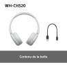 Sony wh-ch520 - casque bleutooth sans fil, multipoint, micro intégré - jusqu'à 50 heures d'autonomie et charge rapide - blanc