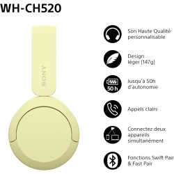 Sony wh-ch520 - casque bleutooth sans fil, multipoint, micro intégré - jusqu'à 50 heures d'autonomie et charge rapide - jaune