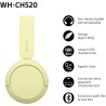 Sony wh-ch520 - casque bleutooth sans fil, multipoint, micro intégré - jusqu'à 50 heures d'autonomie et charge rapide - jaune