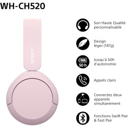 Sony wh-ch520 - casque bleutooth sans fil, multipoint, micro intégré - jusqu'à 50 heures d'autonomie et charge rapide - rose
