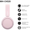 Sony wh-ch520 - casque bleutooth sans fil, multipoint, micro intégré - jusqu'à 50 heures d'autonomie et charge rapide - rose