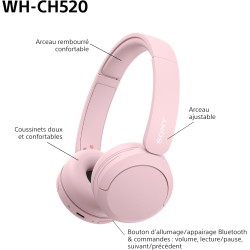 Sony wh-ch520 - casque bleutooth sans fil, multipoint, micro intégré - jusqu'à 50 heures d'autonomie et charge rapide - rose