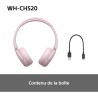 Sony wh-ch520 - casque bleutooth sans fil, multipoint, micro intégré - jusqu'à 50 heures d'autonomie et charge rapide - rose