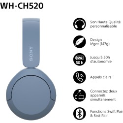 Sony wh-ch520 - casque bleutooth sans fil, multipoint, micro intégré - jusqu'à 50 heures d'autonomie et charge rapide - bleu