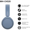 Sony wh-ch520 - casque bleutooth sans fil, multipoint, micro intégré - jusqu'à 50 heures d'autonomie et charge rapide - bleu