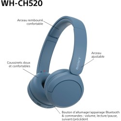 Sony wh-ch520 - casque bleutooth sans fil, multipoint, micro intégré - jusqu'à 50 heures d'autonomie et charge rapide - bleu