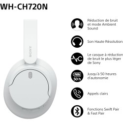 Sony wh-ch720n - casque bleutooth sans fil à réduction de bruit - micro intégré - jusqu'à 35 heures d'autonomie et charge rapide