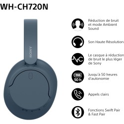 Sony wh-ch720n - casque bleutooth sans fil à réduction de bruit - micro intégré - jusqu'à 35 heures d'autonomie et charge rapide