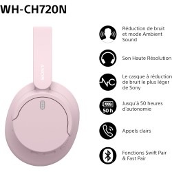 Sony wh-ch720n - casque bleutooth sans fil à réduction de bruit - micro intégré - jusqu'à 35 heures d'autonomie et charge rapide