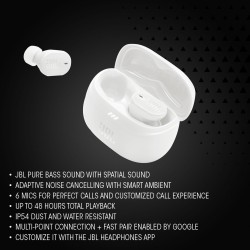 Jbl tune buds 2, écouteurs sans fil bleutooth, 48 h d'autonomie, résistance à l'eau et à la poussière ip54, résistance à l'eau e