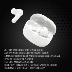 Jbl tune beam 2, écouteurs sans fil bleutooth, réduction de bruit, 48 heures d'autonomie, résistance à l'eau et à la poussière i