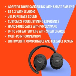 JBL Tune 770NC Casque supra-auriculaire sans fil, autonomie jusqu'à 70 h, Réduction de Bruit Adaptative, Smart Ambient, noir