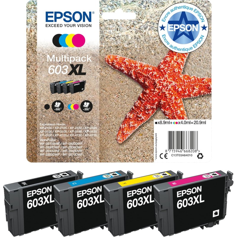 Epson Multipack 603XL Etoile de Mer, Cartouches d'encre d'origine XL Haute capacité, 4 couleurs : Noir, Cyan, Magenta, Jaune, XP