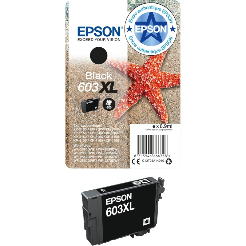 Epson 603XL Etoile de Mer Noir, Cartouche d'encre d'origine XL Haute capacité, XP-2100 XP-2105 XP-2150 XP-2155 XP-3100 XP-3150 X