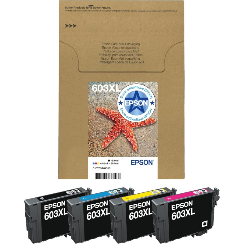 Epson EasyMail Multipack 603XL Etoile de Mer, Cartouches d'encre d'origine XL Haute Capacité, 4 couleurs : Noir, Cyan, Magenta, 