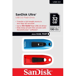Sandisk ultra 32 gb usb flash drive usb 3.0 up to 130 mb/s read - twin pack, rouge/blue