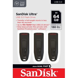 SanDisk 64 Go Ultra Clé USB 3.0 , jusqu'à 130 Mo/s, paquet de trois, Noir