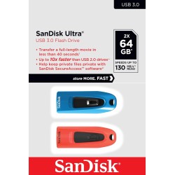 Sandisk ultra 64 gb usb flash drive usb 3.0 up to 130 mb/s read - twin pack, rouge/blue