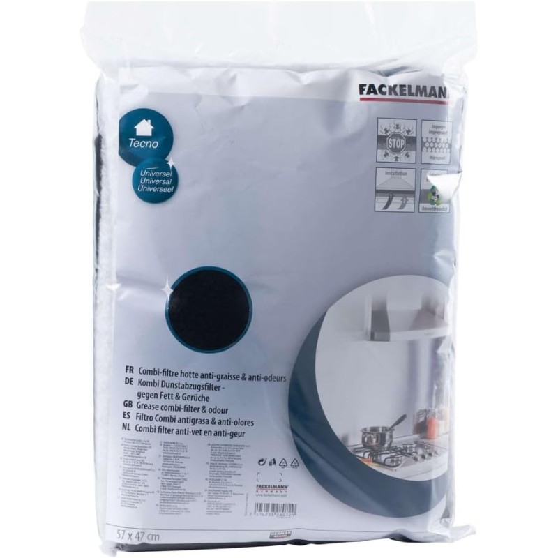 Fackelmann 0807250 Filtre pour hotte polyester et charbon actif, Filtre deux-en-un, Filtre hotte, Polyester, Charbon actif, 57 c