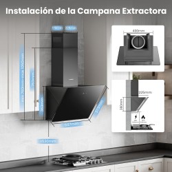 COMFEE' ANGJ64B-60 Hotte aspirante inclinée 60 cm en Verre Trempé, 3 Niveaux de Vitesse, Écran Tactile LED, Recycle interne ou É