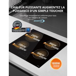 COMFEE' CIH741F238K0 Table de Cuisson à Induction 7200W avec 4 Brûleurs, 9 Niveaux de Puissance, Surface de Chauffe Agrandie de 