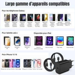 Chargeur Rapide Type C, 45W Samsung Chargeur Rapide et 1M+2M 60W câble de Charge Rapide, USB C câble pour Samsung Galaxy S25 Ult
