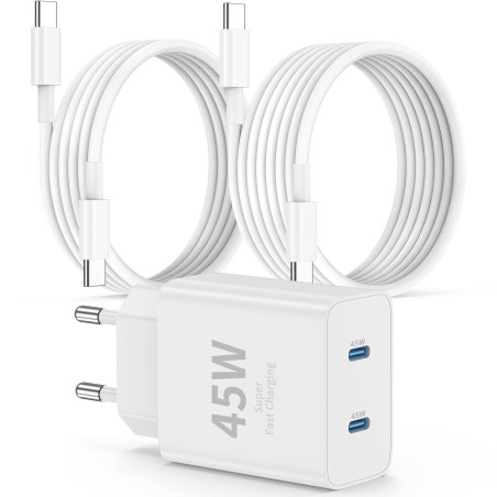 Super Rapide Samsung Chargeur Type C, 45W Double Port USB C Chargeur Rapide Bloc et 60W 1M + 2M USB C câble - PD Quick Charge 3.