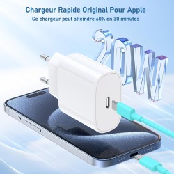 Chargeur pour iPhone 15 16, 20W apple original chargeur rapide avec 60W 1M+2M câble de charge rapide pour iPhone 16/16 Pro/16 Ma
