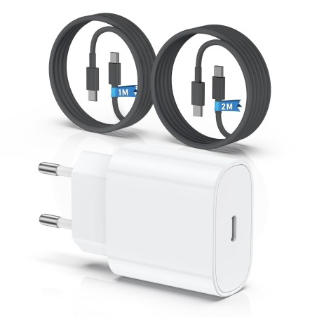 Chargeur 20W Rapide Original avec Câble 60W (1M+2M) pour iPhone 15/16, iPad Pro/Air/Mini